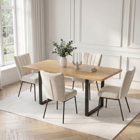 HIPIHOM Ausziehbarer Esstisch mit eichenfarbener MDF-Platte und U-förmigen Beinen aus schwarzem Metall, 130 cm bis 170 cm, 85 cm breit (Esstisch, 4 Stühle, Beige)