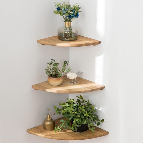 Étagère d’Angle Flottante en chêne Rustique avec extrémité Arrondie pour Haut-parleurs, Livres, décorations Étagère d’Angle en Bois, chêne (chêne Naturel, 22/25/30cm(Set of 3)) (1/5)