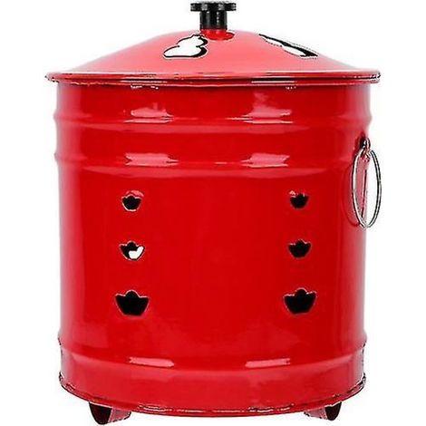 Tambor incinerador de hierro esmaltado rojo con tapa de seguridad compacta para jardín y camping. (1/5)
