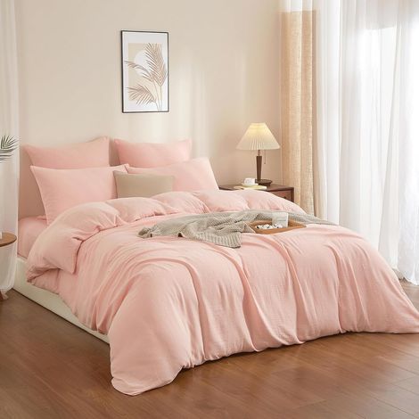 Housse de Couette Gaze de Coton 140x200 Rose 100% Coton Parure de Lit Double en Gaze de Coton Doux Respirant Linge de Lit 1 Personne avec Fermeture Éclair et Taie d'oreiller 65x65 cm (1/5)