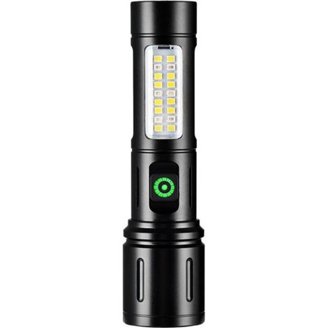Cette lampe torche LED rechargeable haute puissance et longue durée dispose de 5 modes d'éclairage et d'une fonction zoom. Elle est étanche IP6. ()