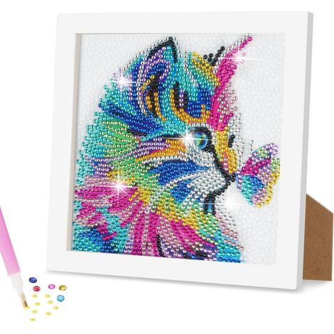 Kit de peinture diamant avec cadre en bois, chat DIY 5D, cadre photo décoration murale