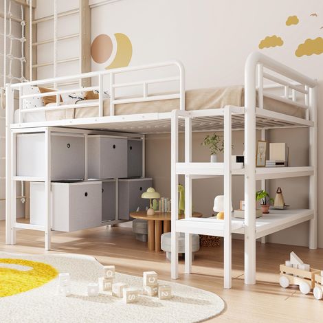 Lit mezzanine enfant 90x200 cm en métal avec espace de rangement, large escalier, angles arrondis, tiroirs et étagères pour un rangement optimal dans la chambre d'enfant, blanc (1/5)