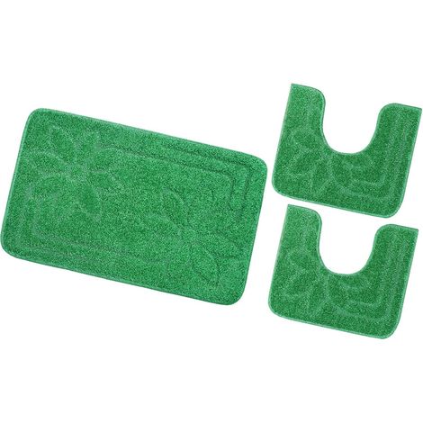 Tappeto Bagno Set 3 Pezzi Tinta Unita Antiscivolo Assorbente Scendietto 100% Made In Italy - Verde