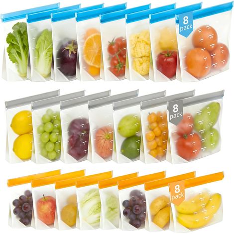 24 Pieces Reusable Freezer Bags with Zip, BPA-Free Silicone Freezer Bag, Sandwich Bags, Reusable Food Bags for Freezer Storage and Travel (1/5)