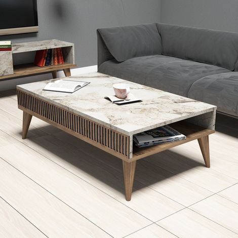 Mesa de centro Kailua B101, Nuez + Mármol blanco, 35x60x105cm, Aglomerado laminado, Angular