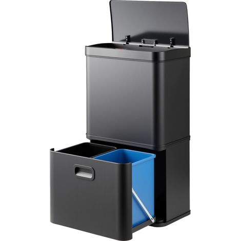 Poubelle en Acier Inoxydable 56 L, Poubelle à Capteur de Mouvement avec 2 Bacs Amovibles, Couvercle à Maintien Ouvert & Fermeture Douce, Noir (1/3)