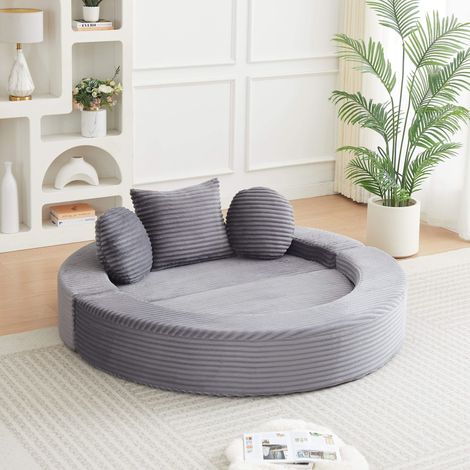 Canapé-lit 4 en 1 polyvalent – Convertible en sofa demi-lune ou lit rond – Tissu côtelé – 183x180 cm – Avec 3 coussins – Livré compressé – Idéal petits espaces – Gris (1/5)