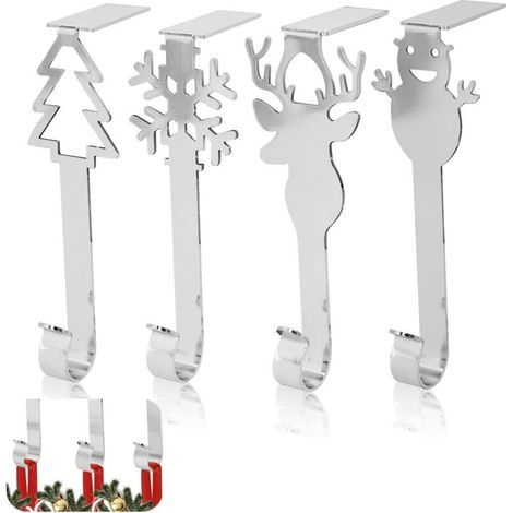 Porte-bas de No毛l Lot de 4 Cintres pour Bas de No毛l pour Chemin茅e Crochets de Guirlande de No毛l Crochets de Chemin茅e pour D茅coration de No毛l Clips de Bas Silver