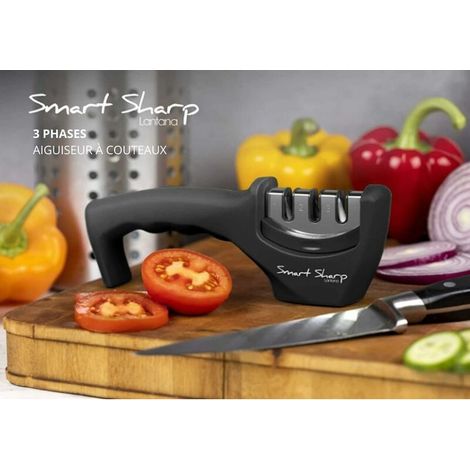 Aiguiseur à 3 phases Smart Sharp - pour couteaux de cuisine - résultat professionnel/design ergonomique - pierre céramique/carbure tungstène/diamant - finition noire/chromée (1/3)