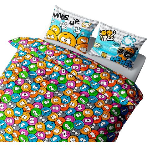 COPRIPIUMINO EMOJI faccine SMILE NEW in Puro Cotone Made in Italy Cm. 155X200