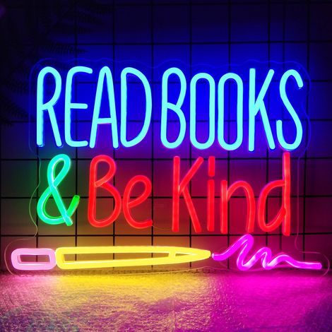 Enseigne néon « Read Books and Be Kind » (Lis des livres et sois gentil), à intensité réglable  décoration lumineuse pour salle de classe ou bibliothèque (alimentation USB)(16,1 x 11 pouces). (1/5)