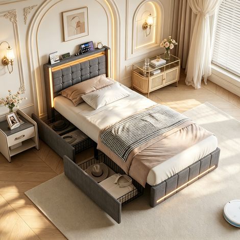 Lit 90x200 cm avec tiroir, lit capitonné,avec LED, cadre de lit avec 2 tiroirs et chargement USB, sommier à lattes en bois,gris,sans matelas-Matière en lin (1/5)