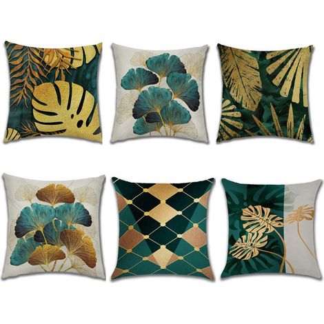 Lot de 6 Housses de Coussin 45x45 cm Carrées en Feuilles Vertes et Dorées Housse Coussins de Canapé en Lin pour Taies d'oreiller de Canapé Salon (1/4)