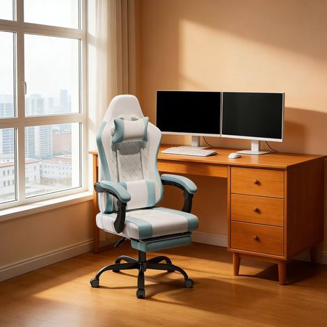 Sedia da ufficio gaming 70x70x127 cm blu e bianca in tessuto mesh e metallo con massaggio, poggiapiedi e schienale reclinabile (1/5)
