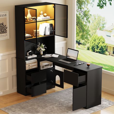 Escritorio de esquina 120 x 80 x 180 cm con estantería, vitrina led - gran espacio de almacenamiento con 3 cajones, pasacables, caseta para mascotas - estilo moderno - mdf - negro (1/5)