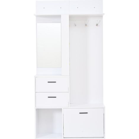 Mueble de entrada con espejo, 2 cajones, 3 ganchos y zapatero abatible, blanco, 90x30x180 cm (1/5)
