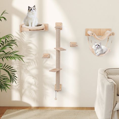 Étagères Murales pour Chat Ensemble de Meubles Muraux pour Arbre à Chat 5PCS avec 2 Hamacs Lit Marches Poteaux à Griffer en Jute Naturel (1/2)