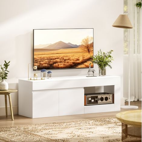 Meuble TV blanc 140 x 40 x 48 cm pour téléviseur jusqu'à 60 pouces, 2 portes à fermeture douce, niche ouverte, rangement câbles, charge totale 45 kg – CHICFURN (1/5)