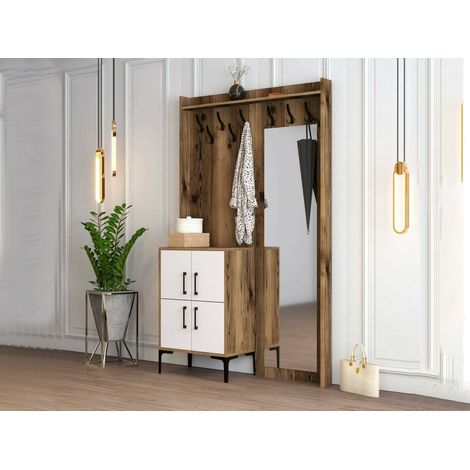 Dmora - Eingangsmöbel Pollux, Moderner Eingang, Wandgarderobe, Multifunktions-Aufbewahrungskonsole, 120x35h200 cm, Walnuss und Weiß, mit verstärkter Verpackung (1/5)