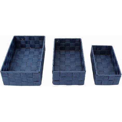 Trade Shop - Set 3 Pezzi Scatola Porta Oggetti In Tessuto Intrecciato Contenitori Blu 79058 -