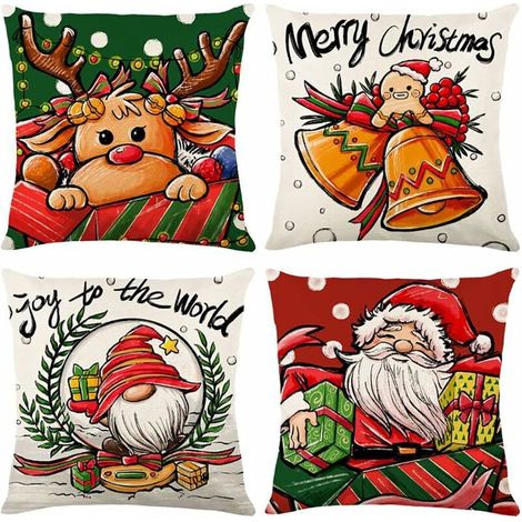 Housse de Coussin Noel 45x45cm, Lot de 4 Noël Décoratif Canapé en Coton et Lin Noël pour Canapé Lit Chambre Chaise Jardin-Merry Christmas Decoration