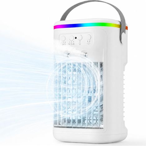 Tragbarer Luftkühler (mit Fernbedienung), USB-Ventilator mit Sprühfunktion, 3 Lüftergeschwindigkeiten, 2 Sprühmodi, Timer (1/2/4 Stunden), 7-farbige LED-Beleuchtung. (1/4)