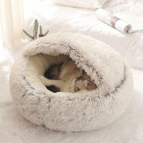 Panier/lit apaisant pour chat 40 cm Marron - Fourrure ultra-douce, semi-fermé, fond antidérapant et imperméable (1/5)