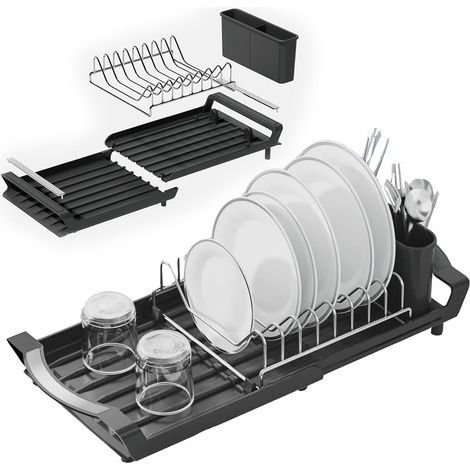 Extendable dish drainer with removable cutlery holder, extendable drainer for kitchen worktop, black (1/5)