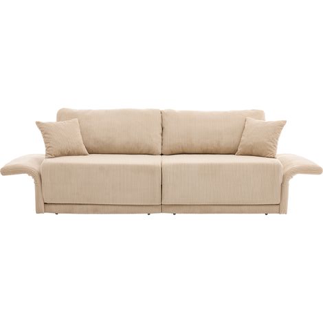 Ausziehbares Schlafsofa aus Rippenvelours-Stoff in Beige, moderner minimalistischer Stil (1/5)