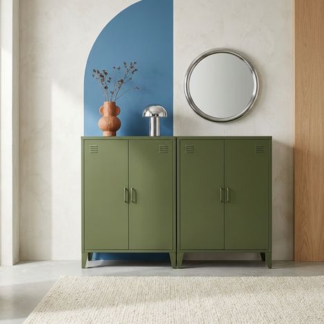Lot de 2 commodes/armoires métal 2 portes Soho kaki. casiers. L 75 x P 33 x H 110 cm (1/5)