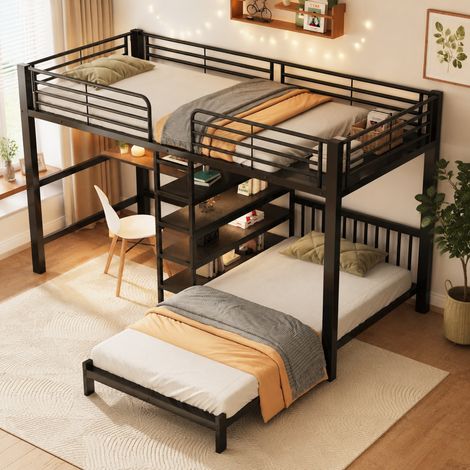 Letto a soppalco 90x200 in metallo/MDF nero con scrivania e contenitori - MEUBLIV (1/5)