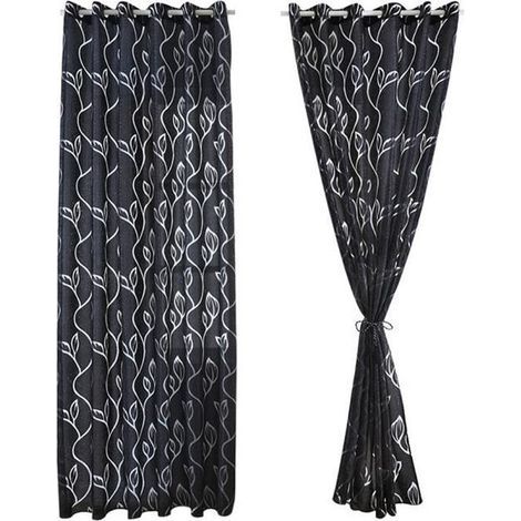 (Schwarz) 2 Stück transparente schwarze Vorhänge 100x250 cm mit Blattmuster, elegante Dekoration für Wohnzimmer, Schlafzimmer und Esszimmer (1/4)