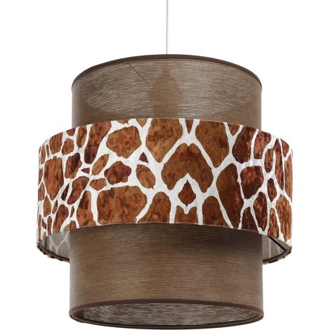 Suspension Doblo long - Abat-jour en tissu structuré bois foncé marron entouré d'une maille girafe marron (1/5)