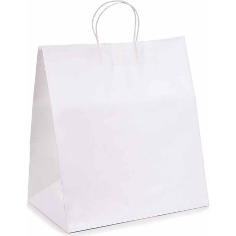Sacchetti, buste maxi a base larga in carta bianca con manici ritorti, set da 25 pezzi, cm 35,5 x 25 x 39,5 H