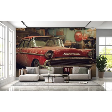 Papier peint voitures - voiture ancienne devant un garage - 150 x 250 cm (1/2)