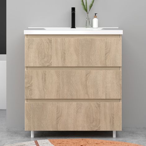 Meuble de salle de bain suspendu Strié 80cm avec simple vasque + 3 tiroirs, Chêne