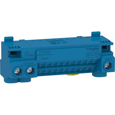 Schneider Electric – Borne pour tableau électrique 63A avec 24 trous – Bornes auto 21 x 1,5 à 4 mm² et vis 3 x 6 à 25 mm² – LGYT1N24 (1/2)