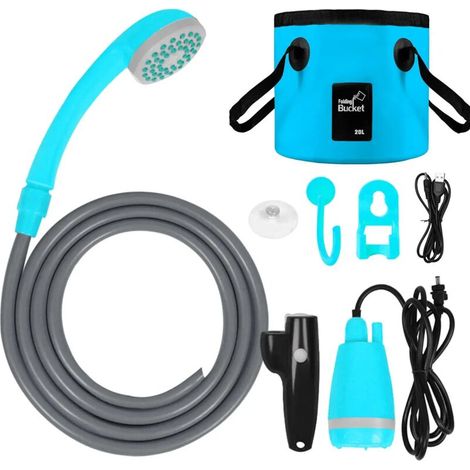 Douche de camping portable extérieure (bleue avec seau) : débit d'eau de 2,5 à 3,5 L/min, tuyau de 2 m, chargement USB, autonomie de 30 à 60 min.