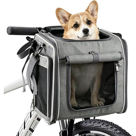 Panier de vélo avant pour chien, panier de vélo pliable extensible pour animaux de compagnie avec 4 portes ouvertes et 4 fenêtres en filet, panier de vélo pour chien, sac à dos pour chien, panier (1/5)