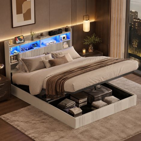 Lit Coffre 160x200 cm, Lit Double avec Éclairage LED et USB, Lit Adulte avec Rangement et Tete de Lit, Adolescents, Rangement Hydraulique, Lin, sans Matelas, Beige (1/5)