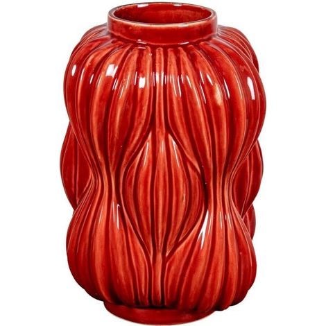 Vase de Table avec Formes rayées en céramique Rouge Brillant 32 x 19,5 x 19,5 cm (1/3)