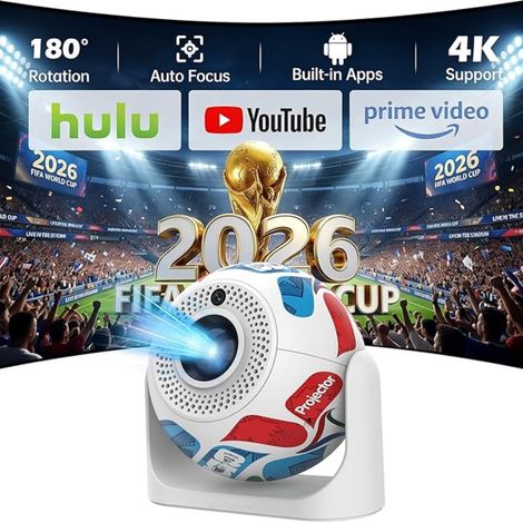 Mini projecteur portable, design football, compatible 4K, Android 13, correction automatique du trapèze, idéal pour la chambre, le home cinéma et les loisirs en extérieur (1/5)