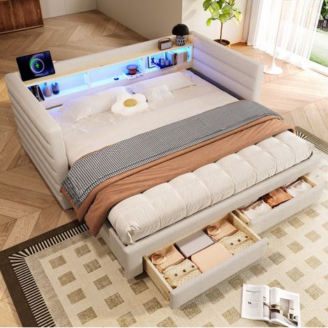 Letto singolo estraibile 90x190 cm beige in velluto con LED, cassetti, vani portaoggetti e porte USB-C (1/5)