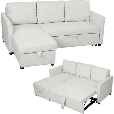 Divano Letto Angolare Effetto Lino con Vano Portaoggetti a Scomparsa, 192x148x86 cm, Bianco Crema