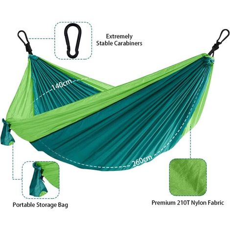 Ultralight travel hammock – double and single – maximum load: 250 kg (260 x 140 cm) – hammock for outdoor, indoor, garden, terrace, survival, camping – green