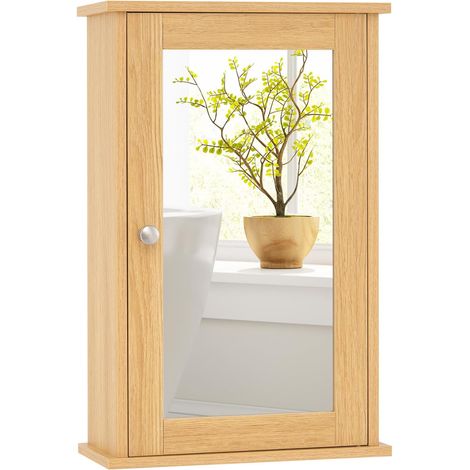 COSTWAY Armoire Murale de Salle de Bain, Meuble Salle de Bain avec Porte-Miroir, Meuble Suspendue à 2 Niveaux, Armoire à Pharmacie, Étagère Réglable, 15 x 34 x 53 cm (Naturel) (1/5)