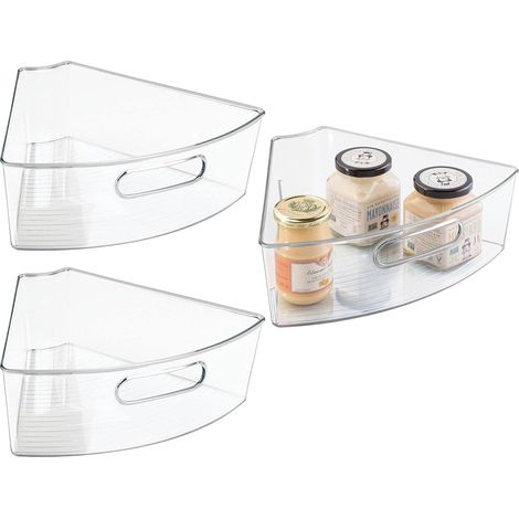Bacs de rangement en plastique transparent pour placards de cuisine avec poignée avant - Grand format en forme de part de tarte (1/6) - Convient au contact alimentaire, sans BPA - Lot de 3 - Transpare (1/4)