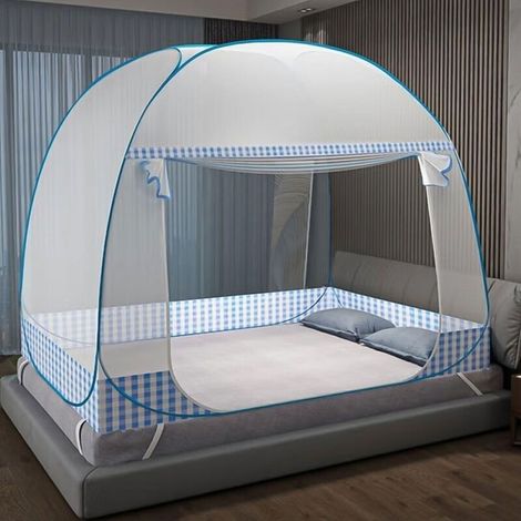 Moustiquaire pliable – Portable pour voyage, double porte pop-up, grande pour lit, chambre à coucher, extérieur, camping, pique-nique (bleu, 200 x 180 x 150 cm)dyk-alovez (1/4)