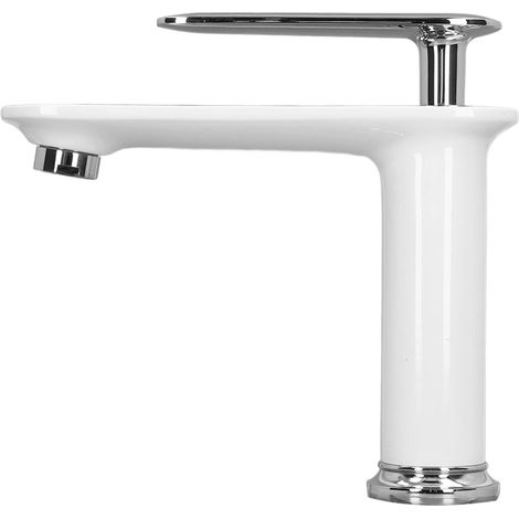 Robinet mélangeur eau chaude/froide cylindrique G1/2, robinet de lavabo en laiton massif, montage sur plan, mitigeur à levier unique chromé pour évier, notice en anglais incluse. (1/5)
